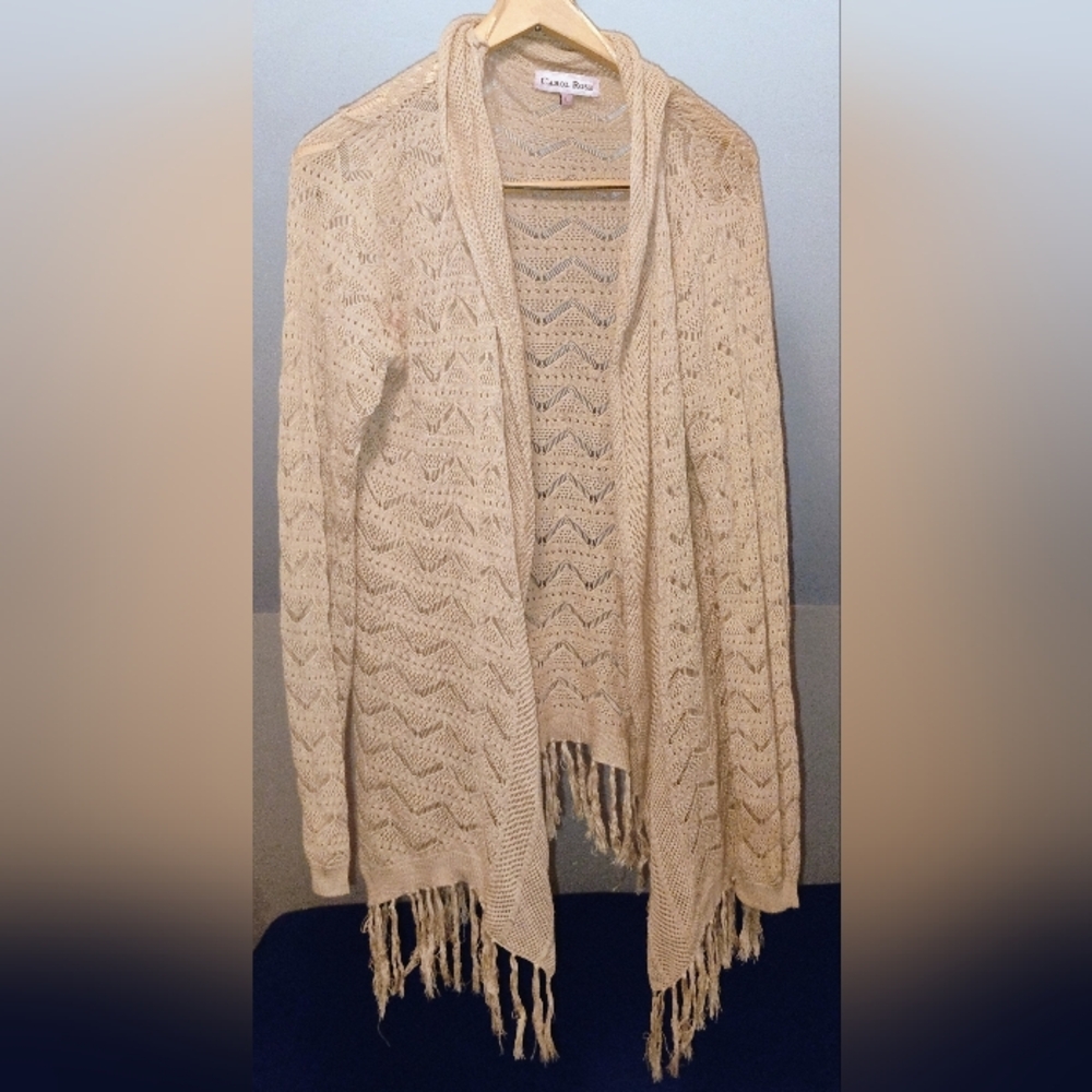 Carol Rose Beige Open-Front Knit Cardigan with Fringe